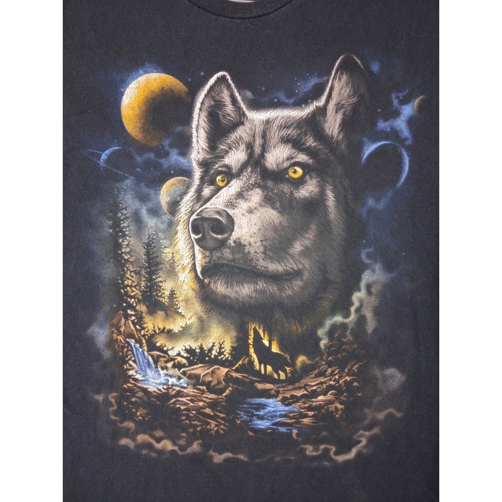DOM Mens Shirt Medium Black Wolf Graphic Crew Mountain Moon Space Sky Casual